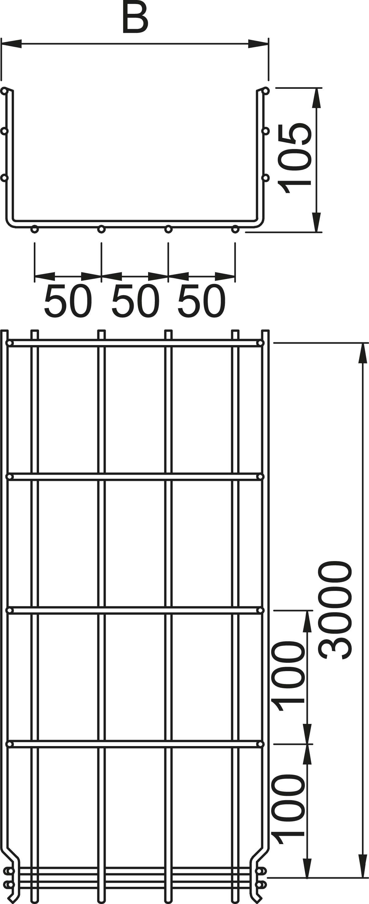 Dessin technique d'une grille rectangulaire. En haut, largeur 'B' et dimensions en millimètres. Dimensions totales : 3000 mm de hauteur, 105 mm de profondeur.