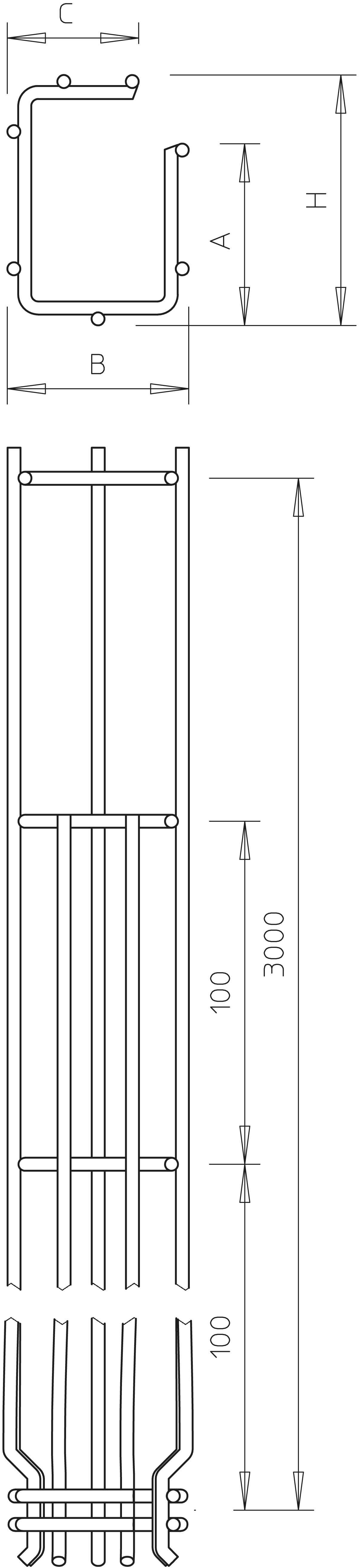 Dessin technique d'un tube en U avec les dimensions suivantes : hauteur 3000 mm, largeur 100 mm, et détails spécifiques d'une coupe transversale.