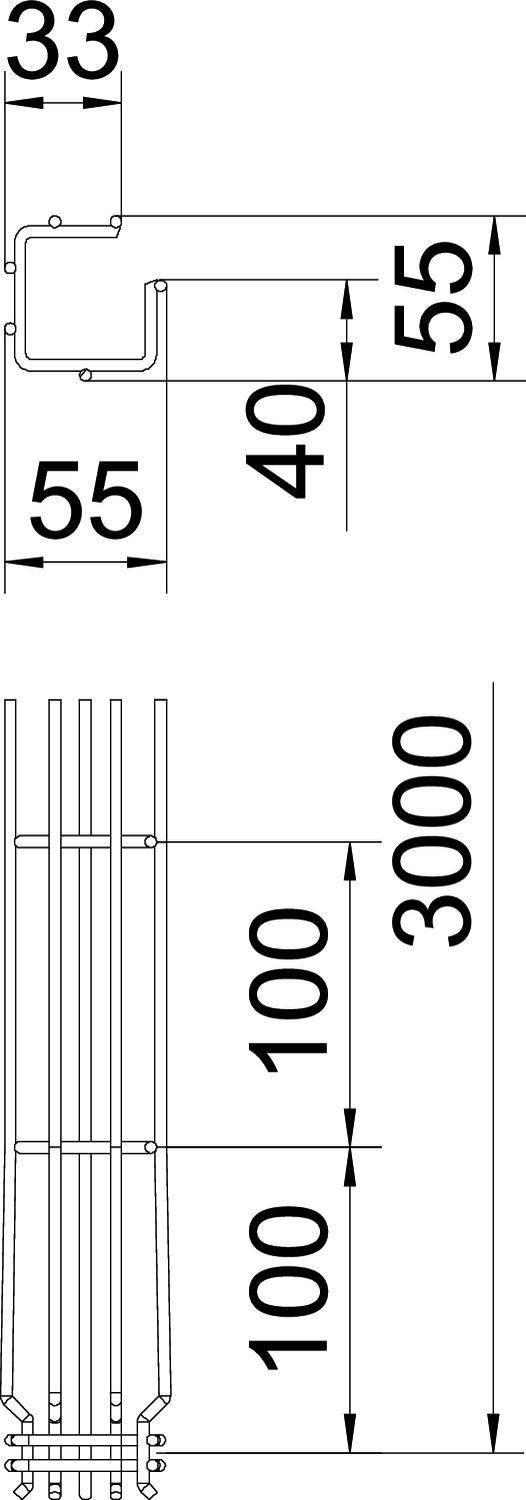 Dessin technique d'un profil avec dimensions : Section supérieure 33x55 mm, longueur 3000 mm, avec des intervalles de 100 mm entre les lignes.