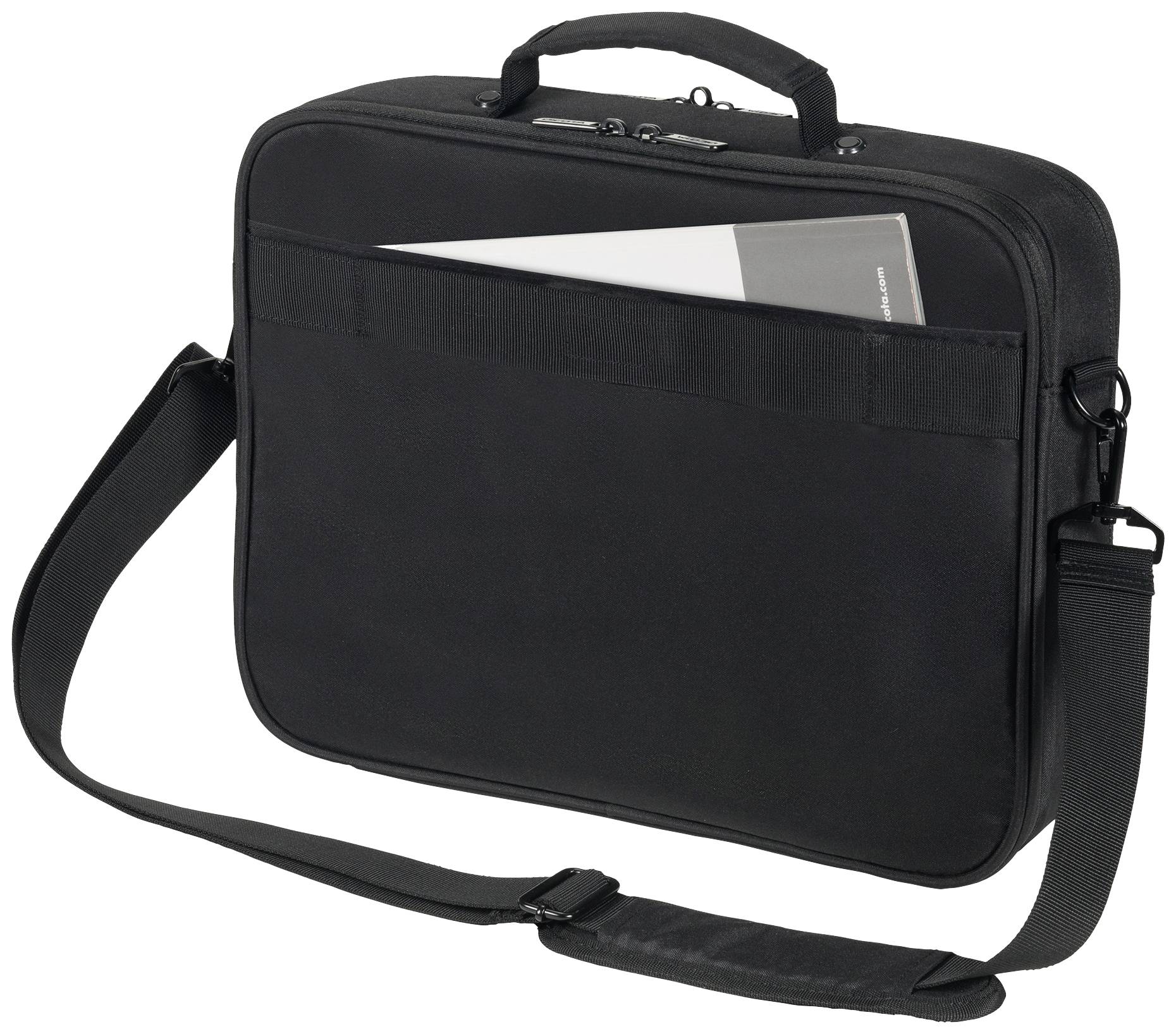 Un attaché-case noir avec une bandoulière, une poche extérieure avec un document dépassant.