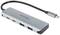 Hub métallique multi-ports avec USB-C et plusieurs ports USB, adapté pour connecter et charger des appareils.