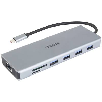 Un hub USB-C argenté avec cinq ports USB, un port Ethernet et un lecteur de carte SD, adapté à une connectivité polyvalente.