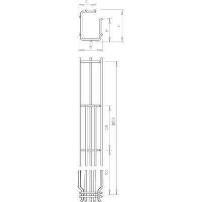 Dessin technique d'un profilé métallique. En haut, coupe transversale avec les dimensions A, B, C ; en bas, vue latérale avec des marquages verticaux.
