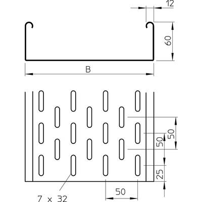 Dessin technique d'une tôle perforée rectangulaire avec des dimensions de 60x50 mm, taille des perforations 7x32 mm. Vue de dessus et vue latérale représentées.