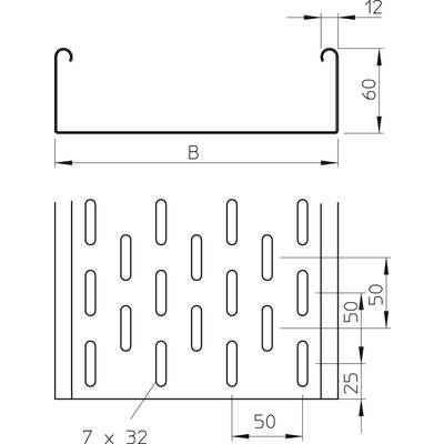 Dessin technique d'une tôle métallique perforée avec des crochets sur la partie supérieure. Dimensions : hauteur 60 mm, largeur 50 mm, motif de perforations 7x32.