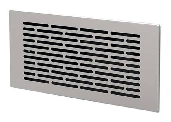 Grille de ventilation rectangulaire en métal avec des fentes horizontales, utilisée pour l'aération ou la couverture d'ouvertures de ventilation.