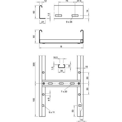 Dessin technique d'un support métallique avec dimensions en millimètres. Présente les vues frontale et latérale ainsi que l'emplacement des trous de perçage.