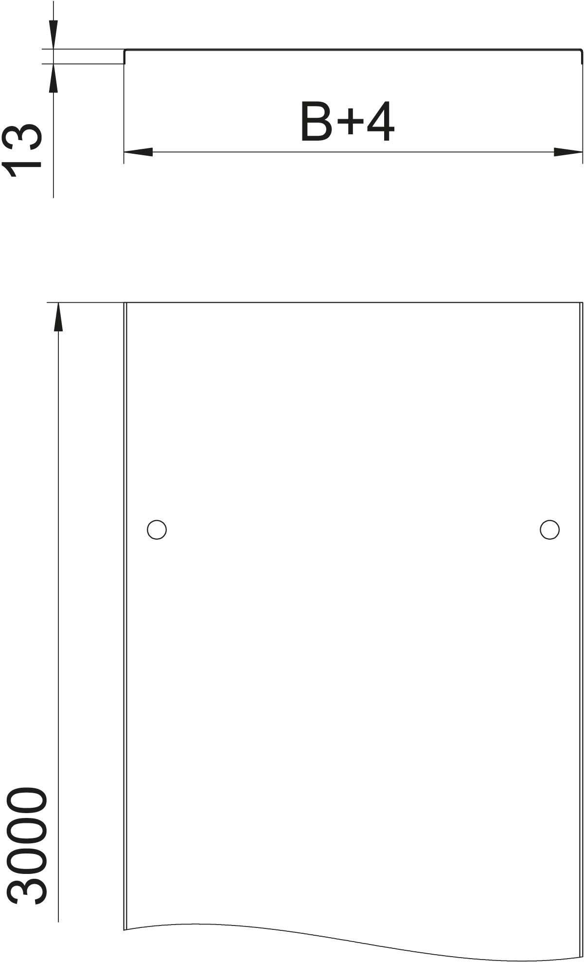Dessin technique d'une tôle rectangulaire, longue de 30000 unités, avec une largeur de 'B+4' et deux trous. Distance de 13 unités du bord supérieur.