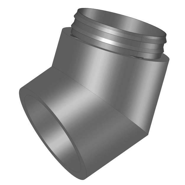 Raccord métallique gris, coudé, avec filetage à vis en haut. Utilisé pour connecter des tuyaux, permet de changer de direction.