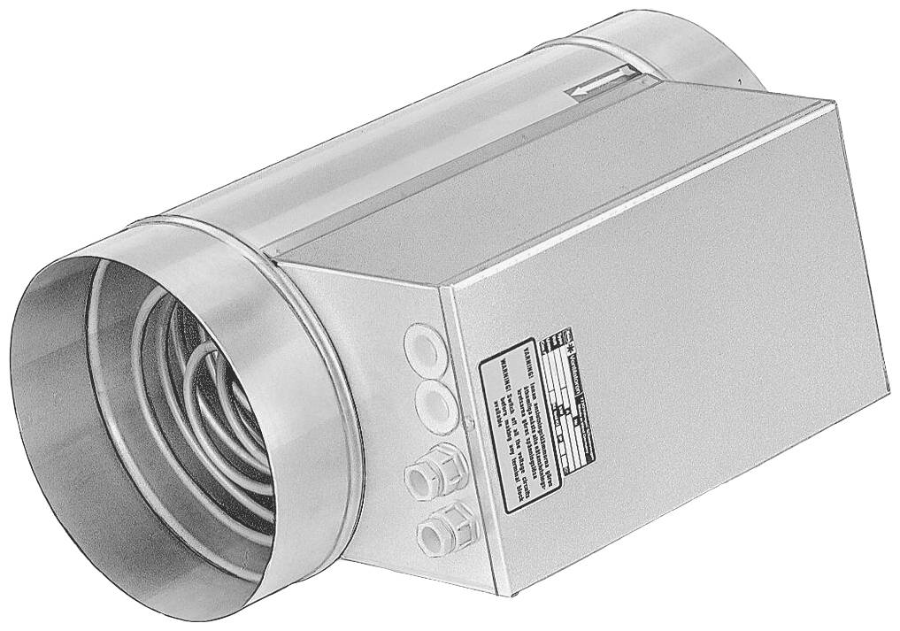 Un radiateur de canal rectangulaire métallique avec raccordement de tube rond et plaque signalétique, utilisé pour le chauffage de flux d'air dans les systèmes de ventilation.