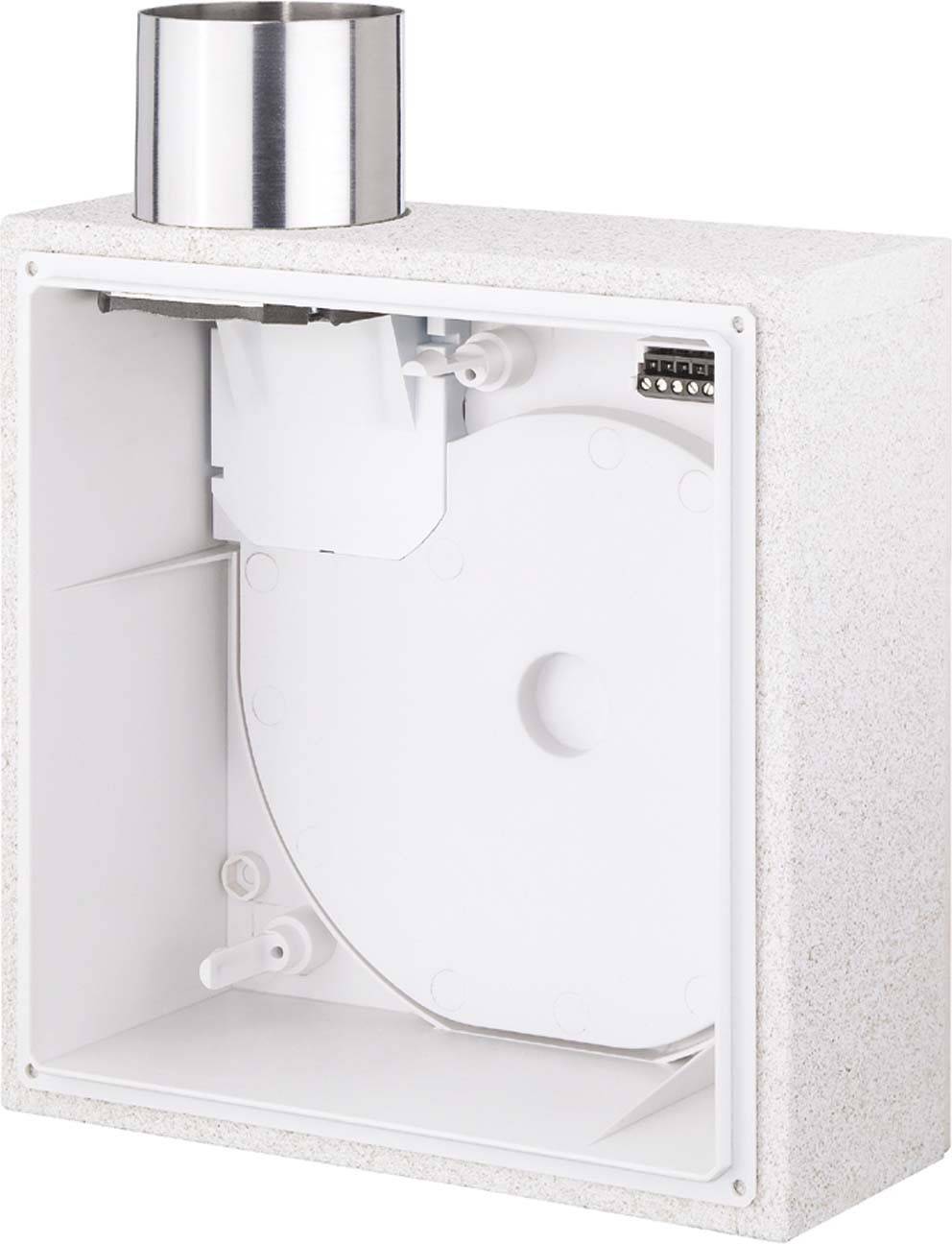 Actionneur Belimo blanc, rectangulaire, avec une ouverture métallique circulaire en haut et des engrenages visibles à l'intérieur, utilisé pour le contrôle des systèmes de ventilation.
