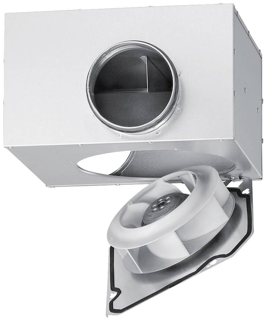 Un boîtier de ventilation gris métallique avec un ventilateur visible, présenté en vue oblique.