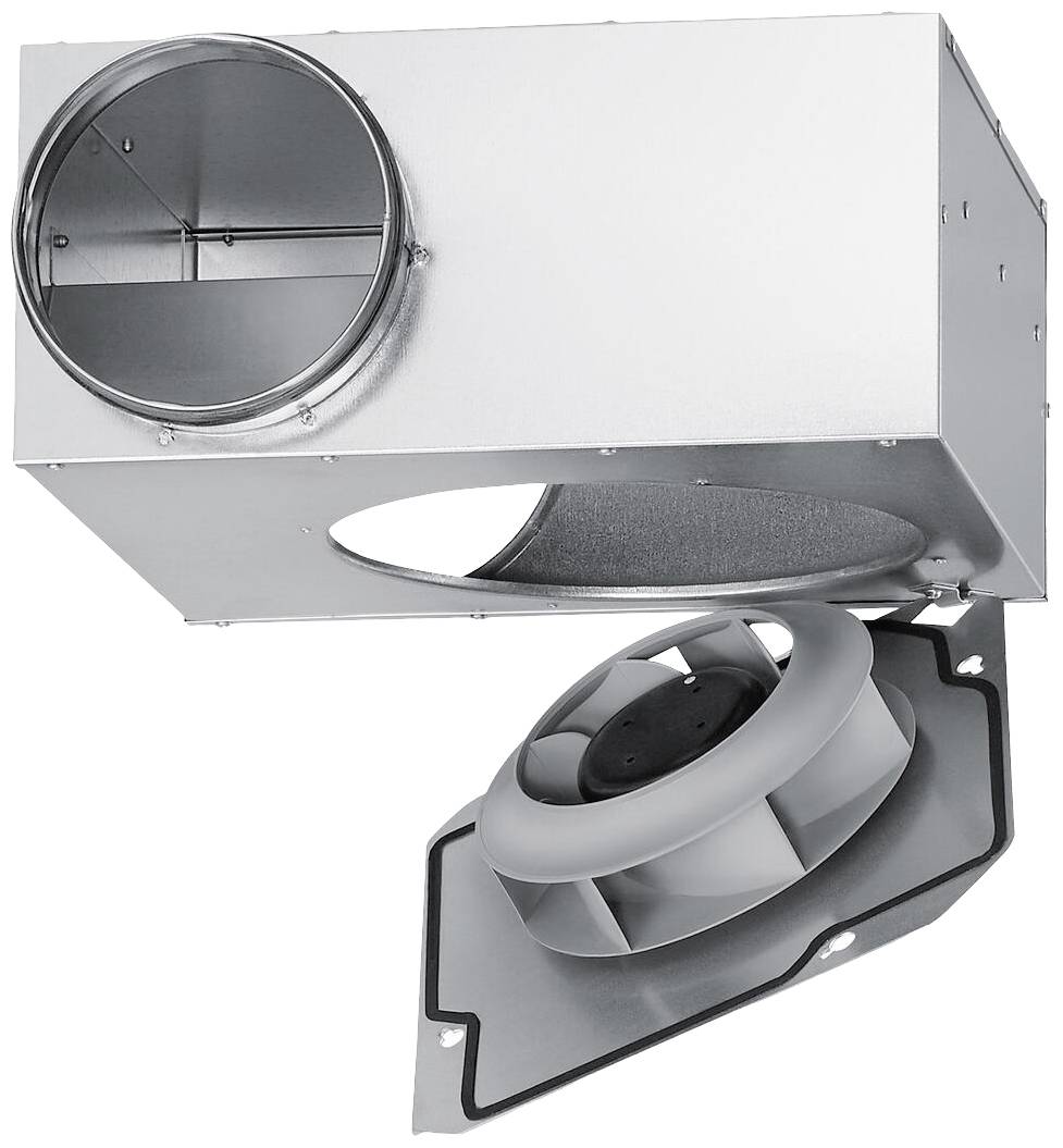 Appareil de ventilation avec couvercle amovible. Montre un ventilateur à l'intérieur pour la circulation de l'air dans un boîtier rectangulaire en métal.