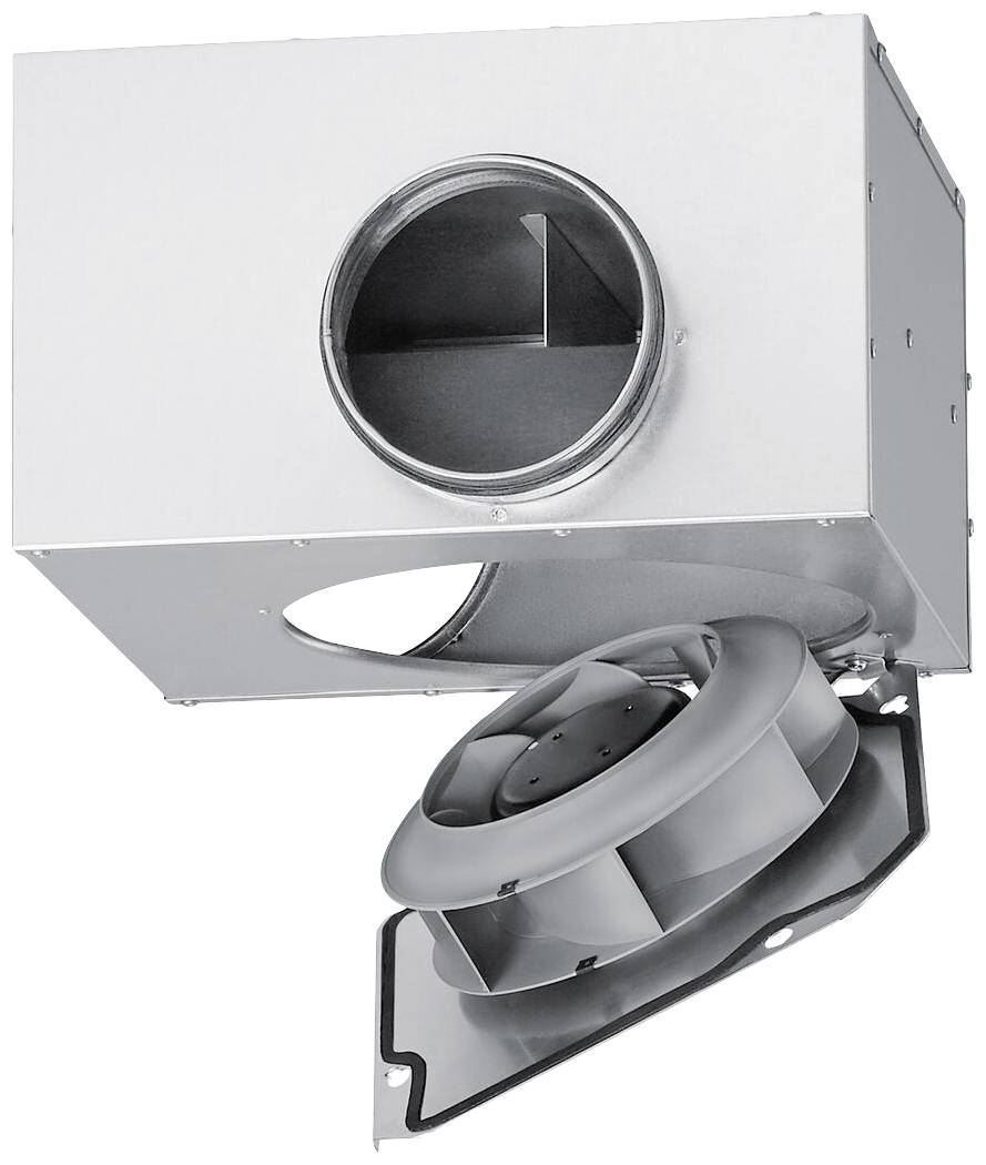 Canal de ventilation rectangulaire avec raccordement circulaire et ventilateur intégré, à l'apparence métallique, destiné à l'installation de systèmes de ventilation.