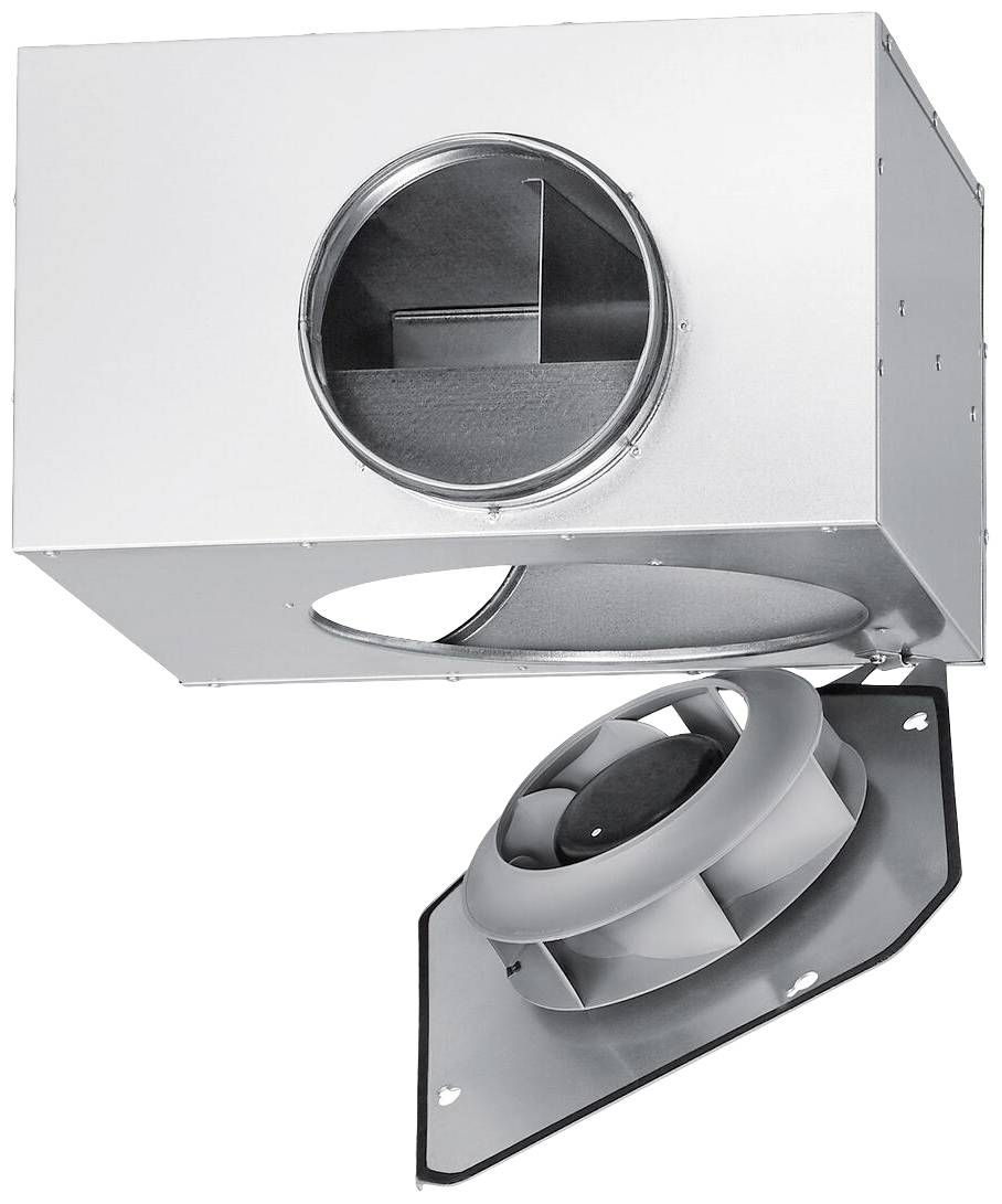 Boîtier rectangulaire en métal avec un insert de ventilateur amovible ouvert pour l'entretien. Raccordements de gaines d'aération en haut et en bas.