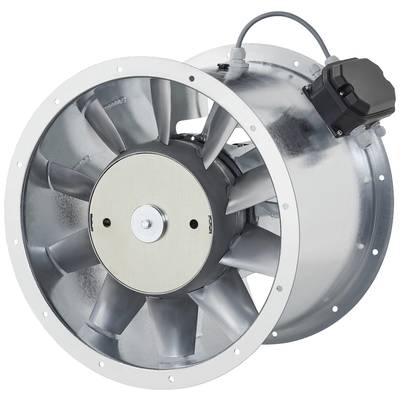 Ventilateur avec boîtier métallique rond et dix pales. Au-dessus se trouve un boîtier électrique noir.