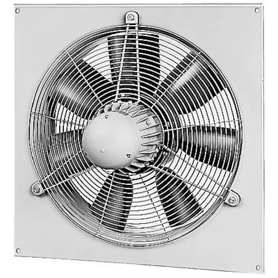 Un ventilateur mural à pales métalliques, monté sur une plaque carrée, présente un design industriel.