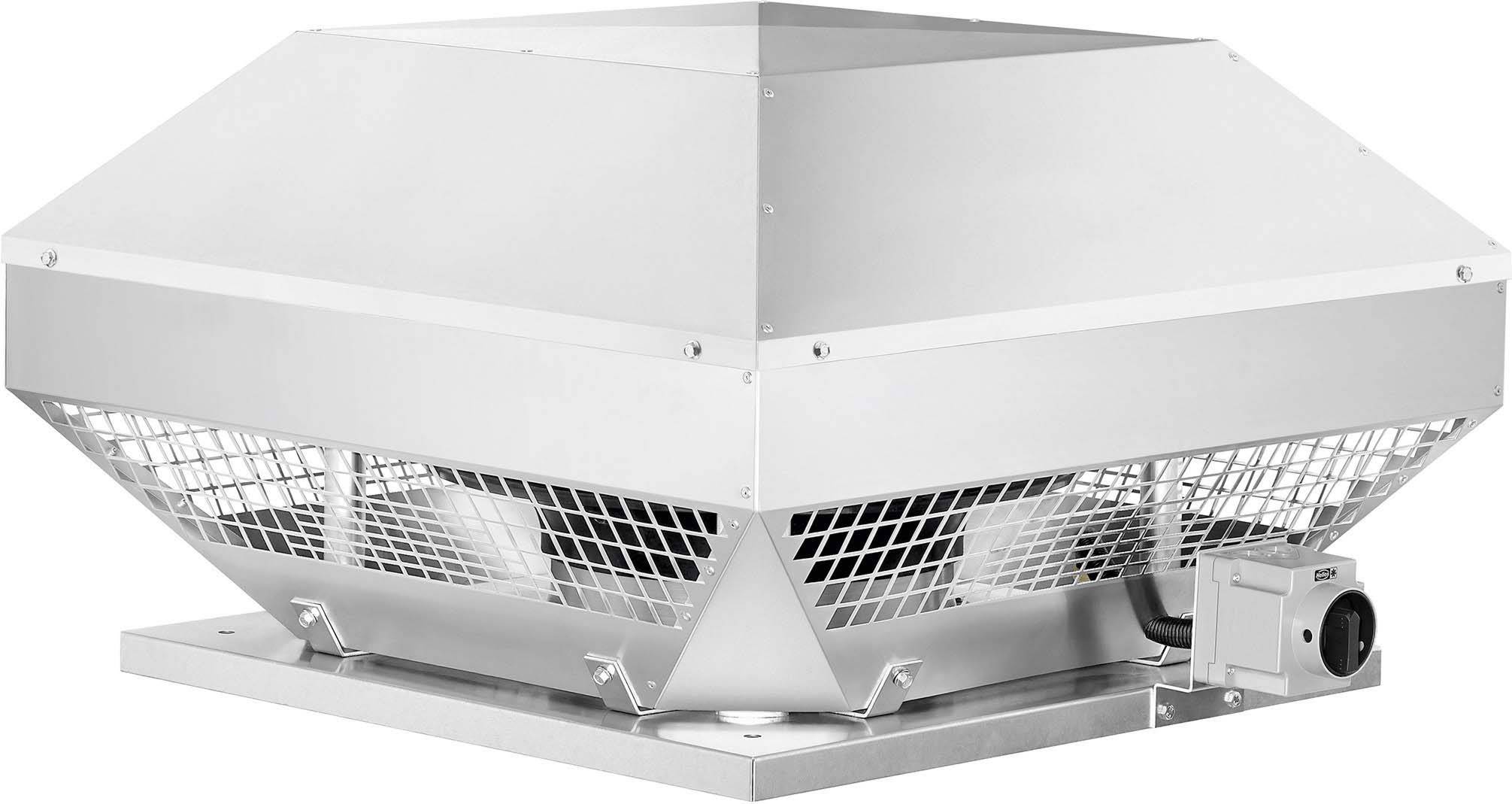 Ventilateur de système métallique plat à structure carrée et grille de protection, adapté aux systèmes de ventilation industriels.