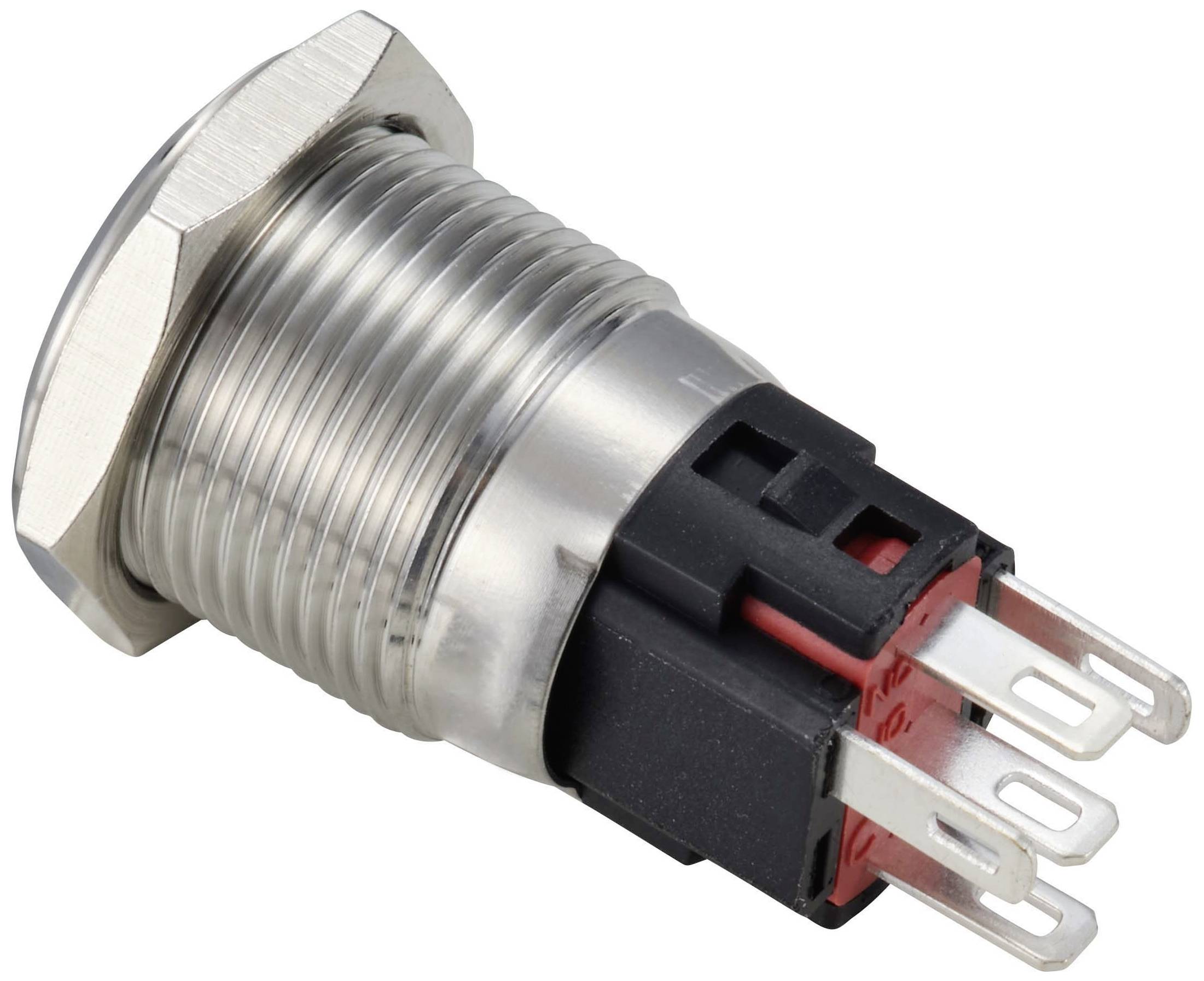 Bouton-poussoir métallique avec boîtier en plastique rouge et noir, deux écrous de fixation et cinq broches de connexion.