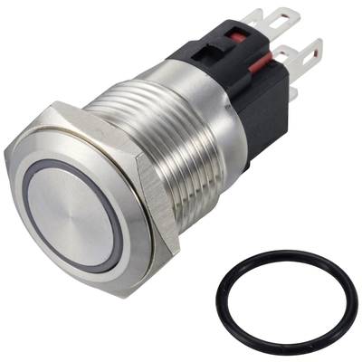 Interrupteur métallique à mécanisme à poussoir et trois broches de connexion, avec un joint d'étanchéité noir à côté. Adapté pour des applications électroniques.