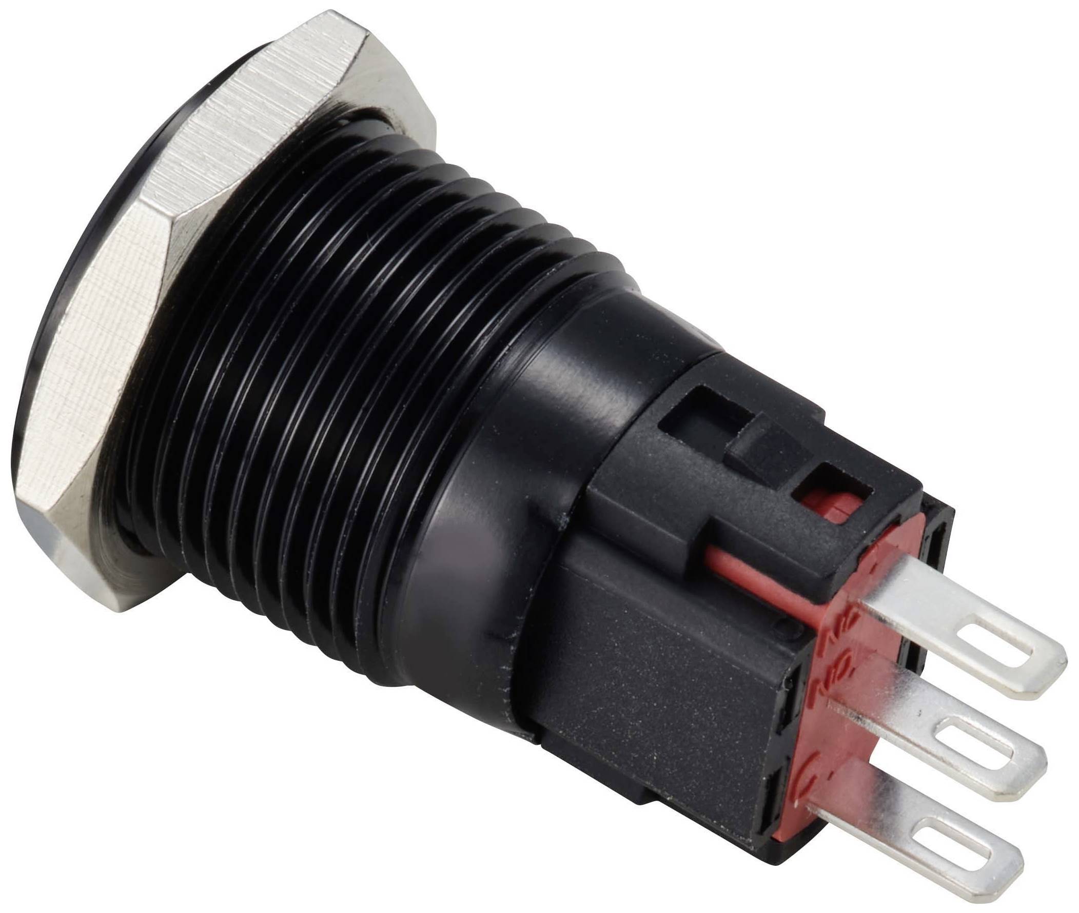 Interrupteur poussoir noir et rond avec capuchon en plastique rouge, trois broches de connexion métalliques, adapté aux appareils électroniques.