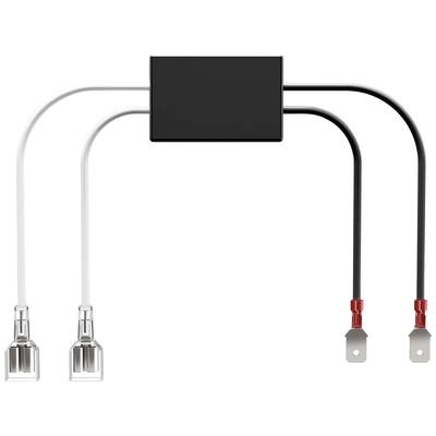 'Un adaptateur noir avec deux câbles : l'un blanc, l'autre noir, chacun équipé d'une connexion métallique.'