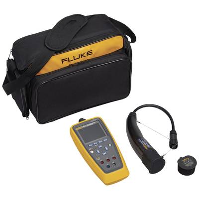 Un appareil de mesure jaune, un capteur et un étui de transport noir portant l'inscription 'FLUKE' sur un fond jaune, pour la mesure de la température.
