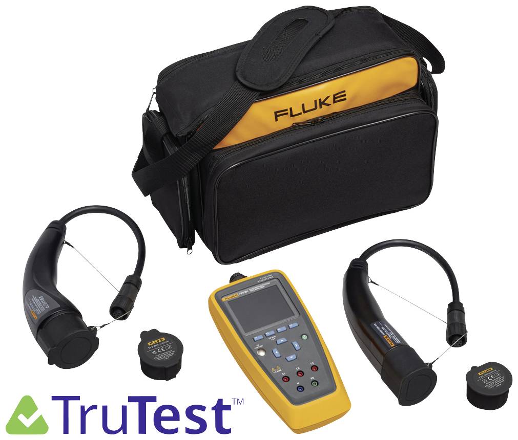 Un sac noir et jaune portant l'inscription 'Fluke', ainsi qu'un appareil de mesure et des accessoires de capteurs de TruTest pour des mesures techniques.