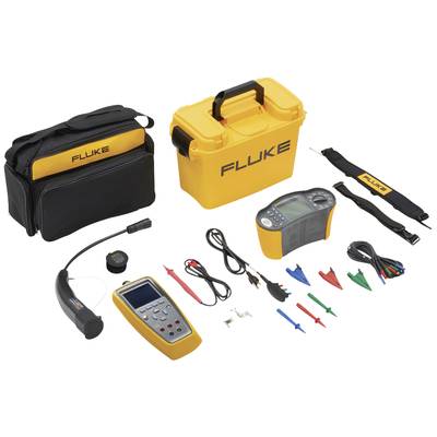 Divers outils électriques Fluke jaunes et noirs et accessoires, incluant des appareils de mesure, des câbles et un sac de transport.
