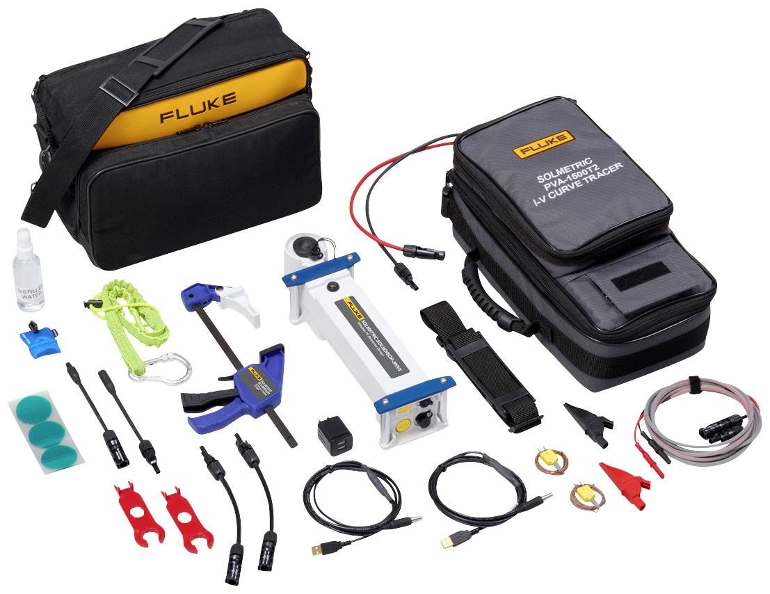 Un ensemble d'outils et d'accessoires Fluke, comprenant des étuis, des câbles, des appareils de mesure et des petites pièces, organisés sur un fond blanc.