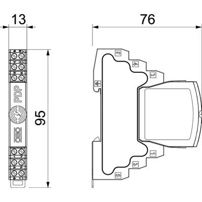 Dessin technique d'un composant électrique avec les dimensions 95 mm x 13 mm x 76 mm. Représentations des vues de face et de côté.
