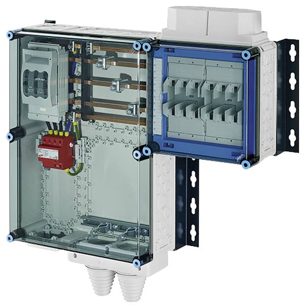 Boîtier électrique transparent avec un cadre bleu et des composants internes visibles, comprenant un dispositif de commutation rouge.