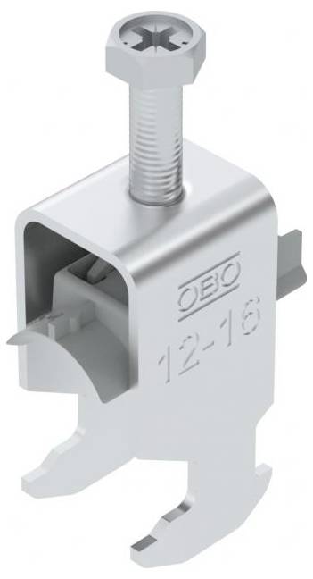 Pince métallique à vis pour la fixation des chemins de câbles, étiquetée 'OBO 12-16'. Adaptée aux installations industrielles, garantissant stabilité et sécurité.