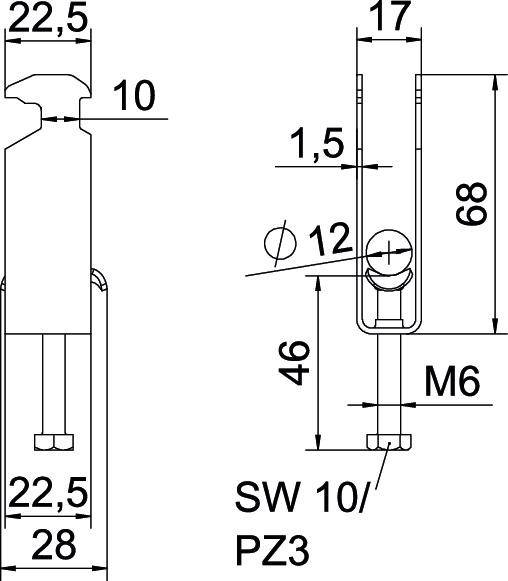 Dessin technique d'une tête de vis avec filetage M6, dimensions détaillées et vues, distances indiquées en millimètres.