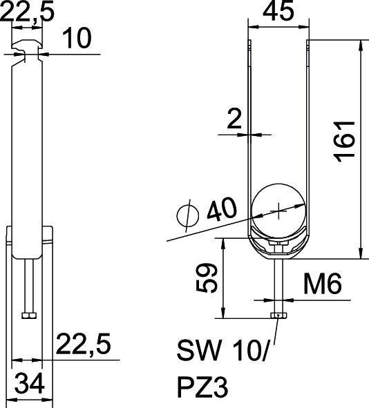 Dessin technique d'un profilé métallique avec dimensions en millimètres. Le dessin présente une vue de face et une vue latérale avec des indications sur la largeur, la hauteur et les détails des vis.