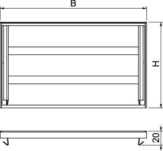 Dessin technique d'une étagère murale rectangulaire de largeur 'B', hauteur 'H' et profondeur 20 cm.