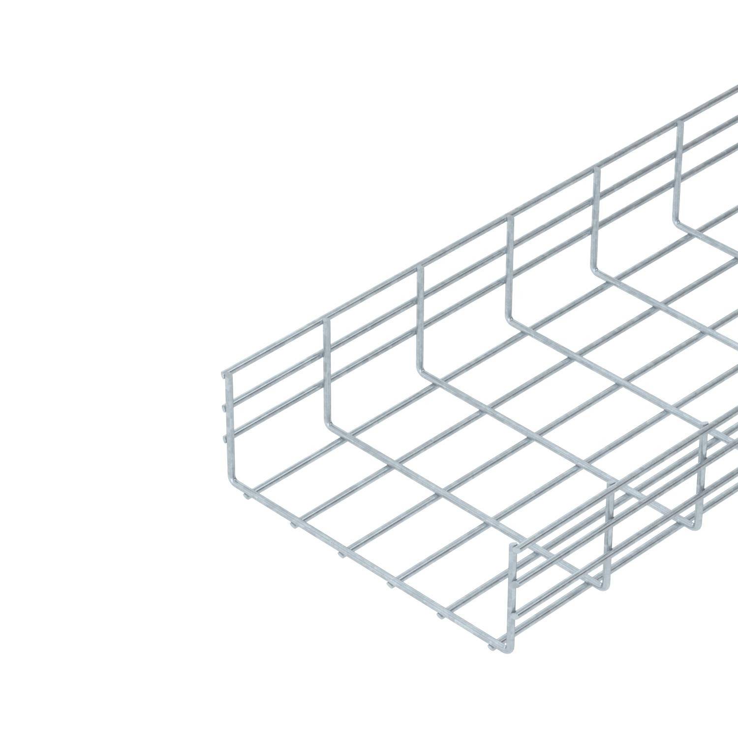 Un panier en fil d'argent avec un fond rectangulaire et des côtés ouverts. Idéal pour la gestion des câbles dans les bureaux ou les ateliers.