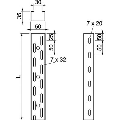 Dessin technique d'un profilé métallique d'angle avec des trous oblongs. Dimensions : section de 30x35 mm, trous de 7x20 mm, espacement de 50 mm.