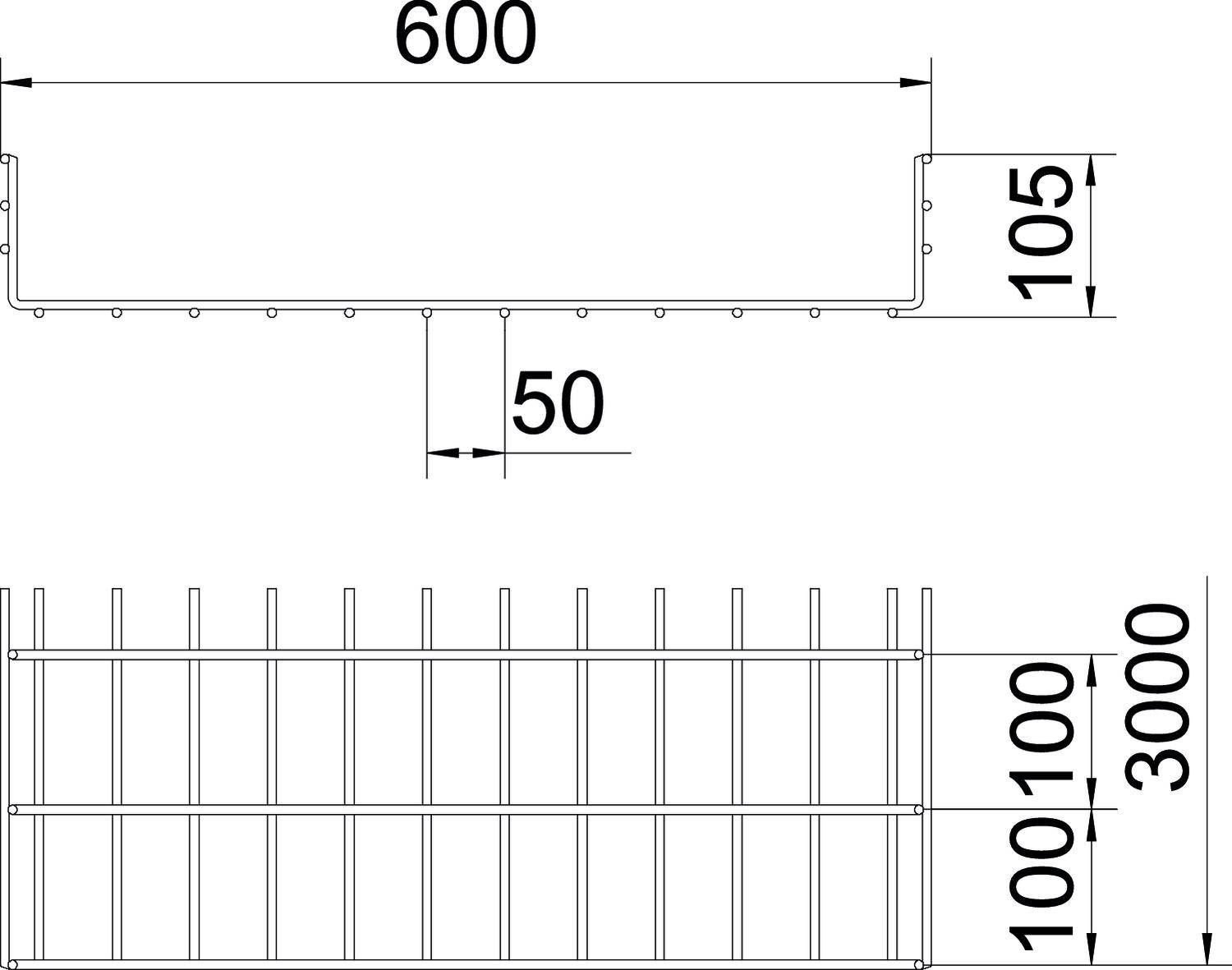 Dessin technique d'une grille métallique avec dimensions : Largeur 600 mm, Hauteur 105 mm, Espacement des barres 50 mm, Largeur totale 100 mm, Longueur 3000 mm.