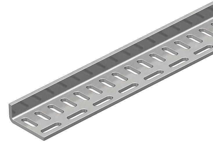 Rail métallique avec des découpes rectangulaires le long de sa surface, utilisé pour la fixation sécurisée ou la stabilisation de constructions.
