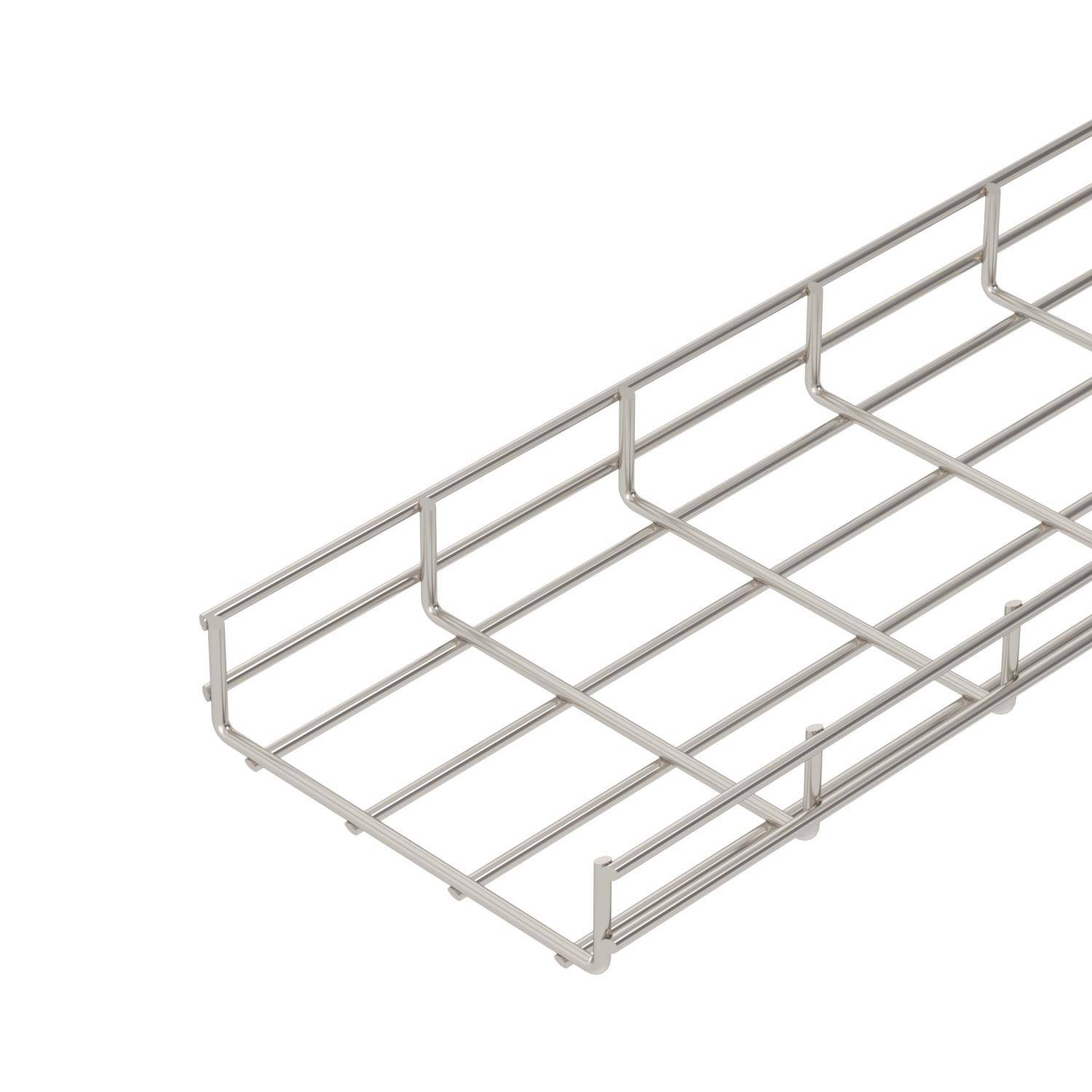 Une étagère rectangulaire en grille métallique argentée, avec un rebord surélevé sur le côté gauche.