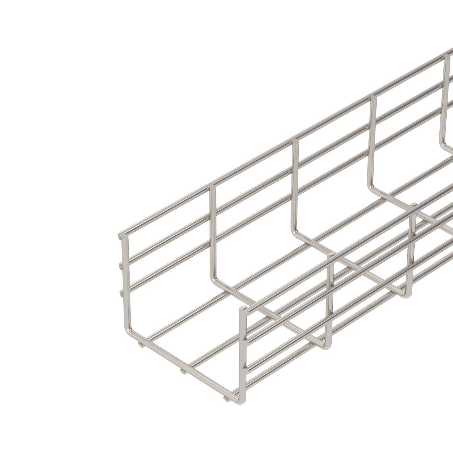 Panier métallique à maille rectangulaire, adapté pour la fixation de câbles aux murs ou aux plafonds d'un bâtiment.