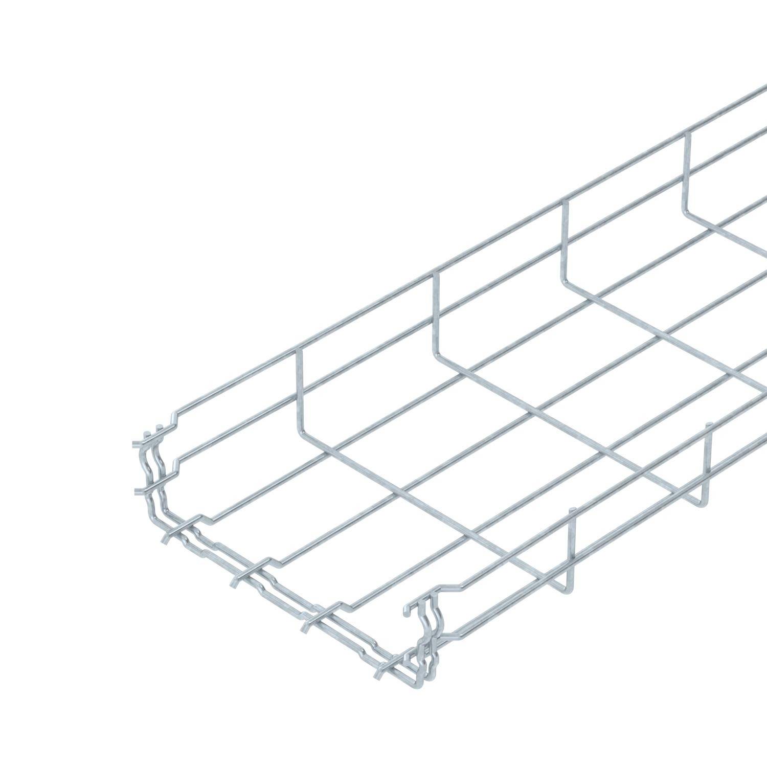 Un panier de rangement argenté en grille métallique, conçu pour organiser et maintenir les câbles dans un environnement de bureau ou industriel.