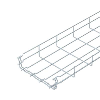 Un panier de rangement argenté en grille métallique, conçu pour organiser et maintenir les câbles dans un environnement de bureau ou industriel.