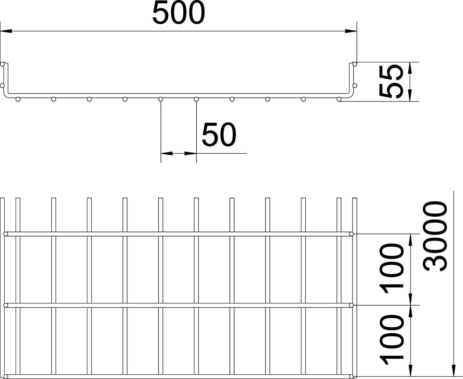 Dessin technique d'une grille métallique de dimensions 500 mm x 3000 mm, largeur des barres de 55 mm, espacements entre les barres de 50 mm et 100 mm.