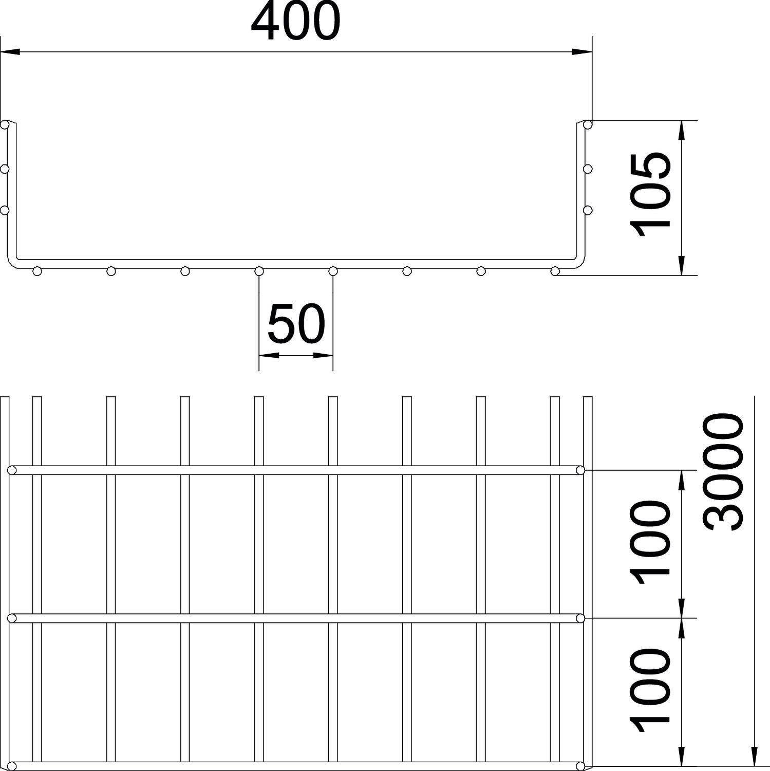 Dessin technique d'une grille. En haut : Coupe transversale avec dimensions 400x105x50 mm. En bas : Vue de face avec dimensions 100x3000 mm.