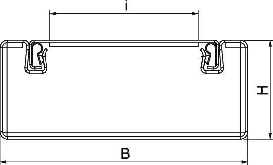 Dessin technique d'un composant rectangulaire avec les marquages 'B' et 'H' pour la largeur et la hauteur, ainsi que deux brides en haut.