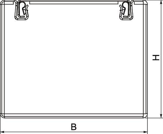 Dessin technique d'un récipient rectangulaire. La largeur 'B' et la hauteur 'H' sont indiquées. Des attaches de fixation sont visibles en haut.
