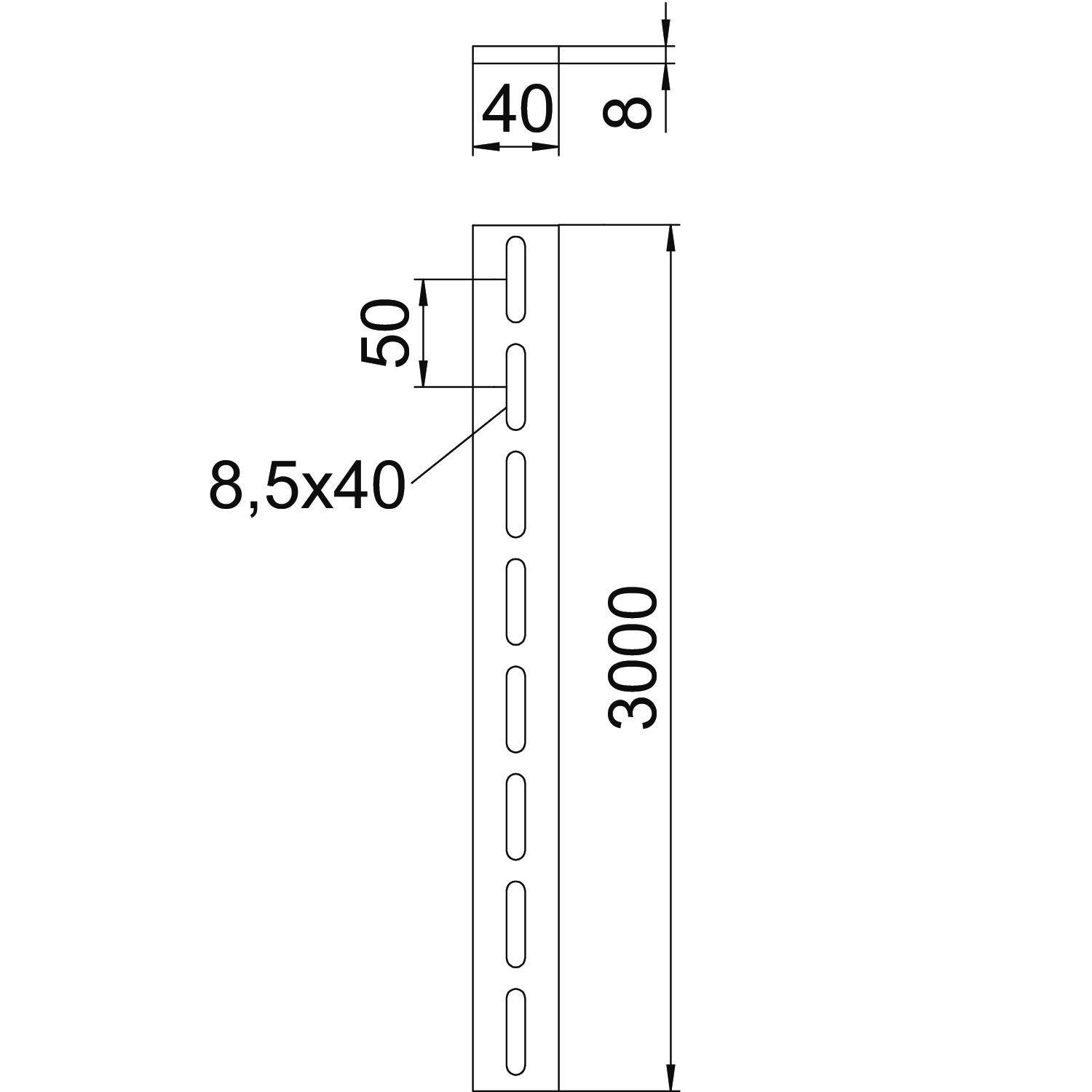 Dessin technique d'un profilé rectangulaire en acier : longueur 3000 mm, largeur 40 mm, trous de 8,5 mm de diamètre espacés de 50 mm.