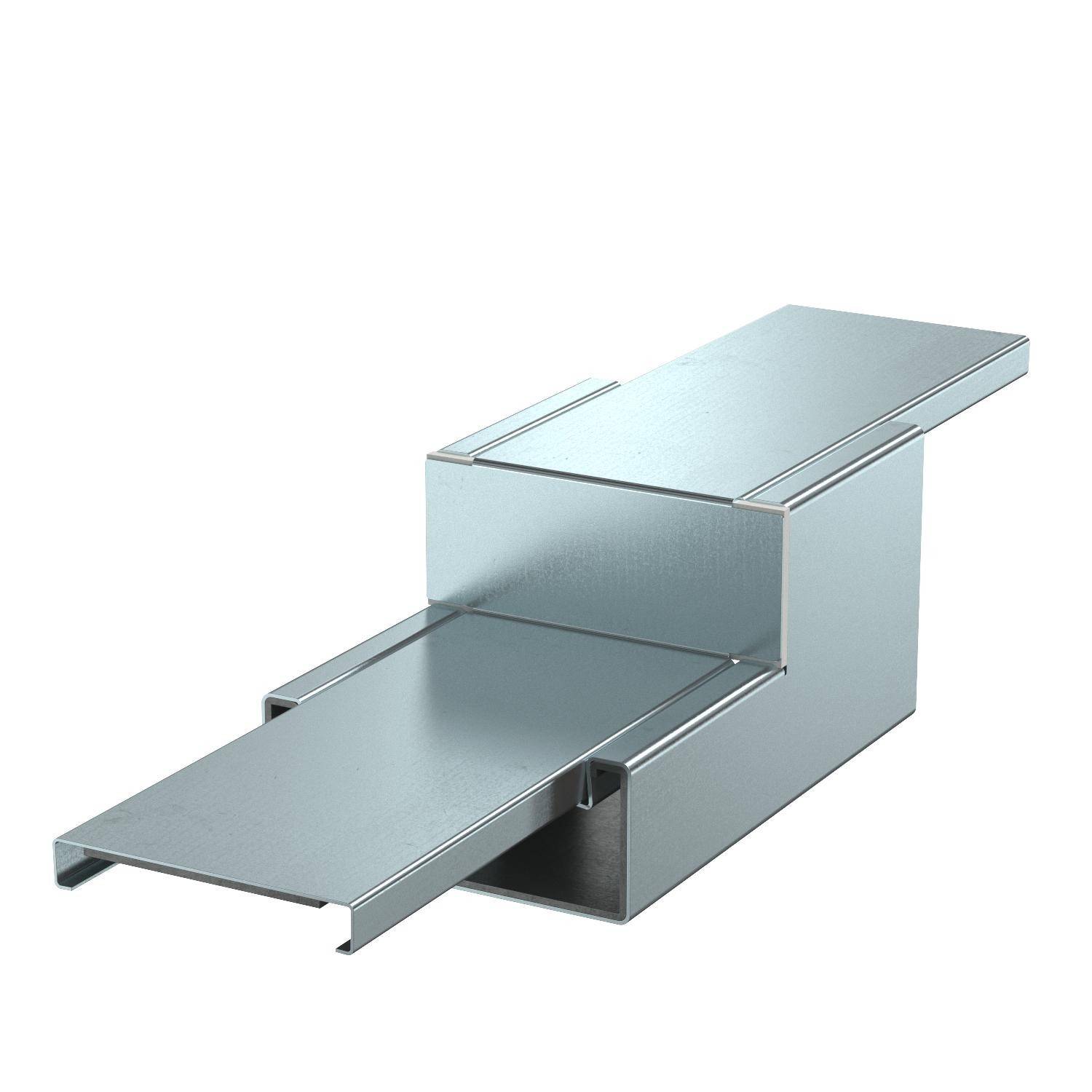 Profil de tube rectangulaire métallique avec mécanisme coulissant extractible, représenté en argent, sur fond blanc.